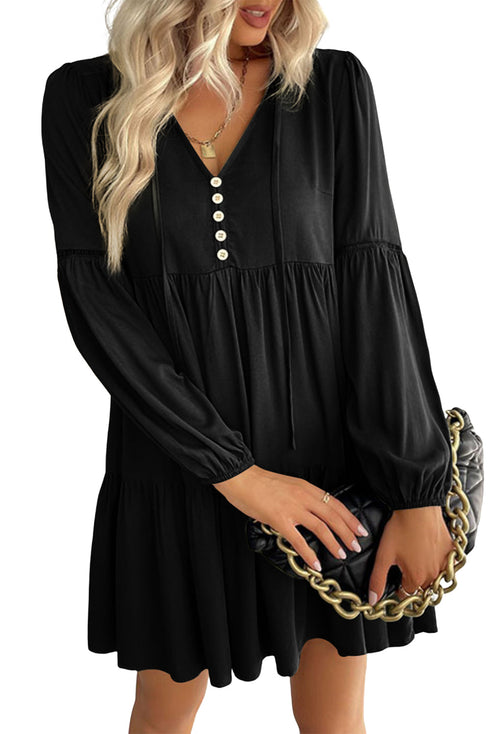 Lace Puff Sleeve Buttoned Tiered Ruffled Mini Dress